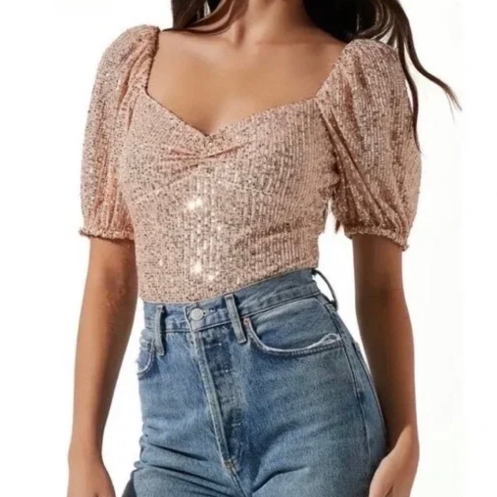 ASTR Sequin Bodysuit Puff Sleeve Rose Gold